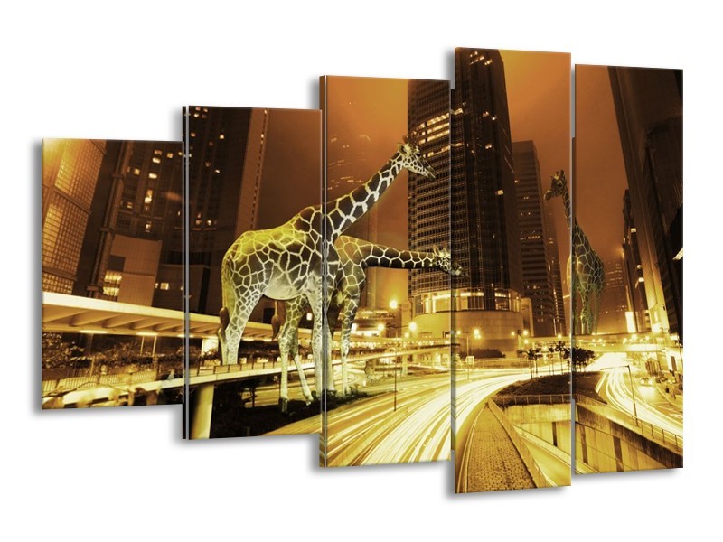 Canvas schilderij Giraffe | Geel, Bruin, Zwart | 150x100cm 5Luik