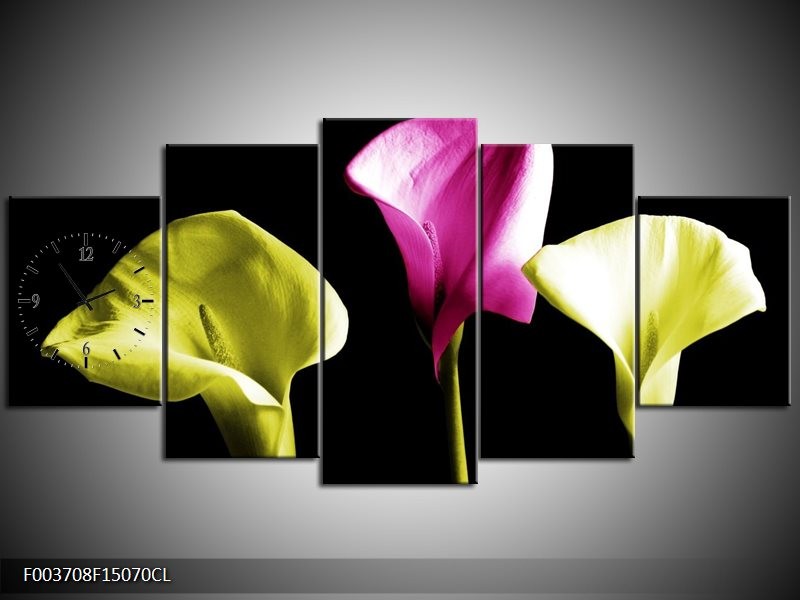 Klok schilderij Bloem | Groen, Roze, Zwart | 150x70cm 5Luik
