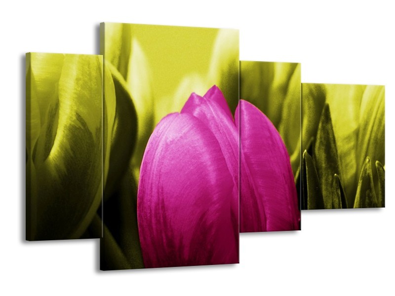 Canvas schilderij Tulp | Roze, Groen | 120x75cm 4Luik