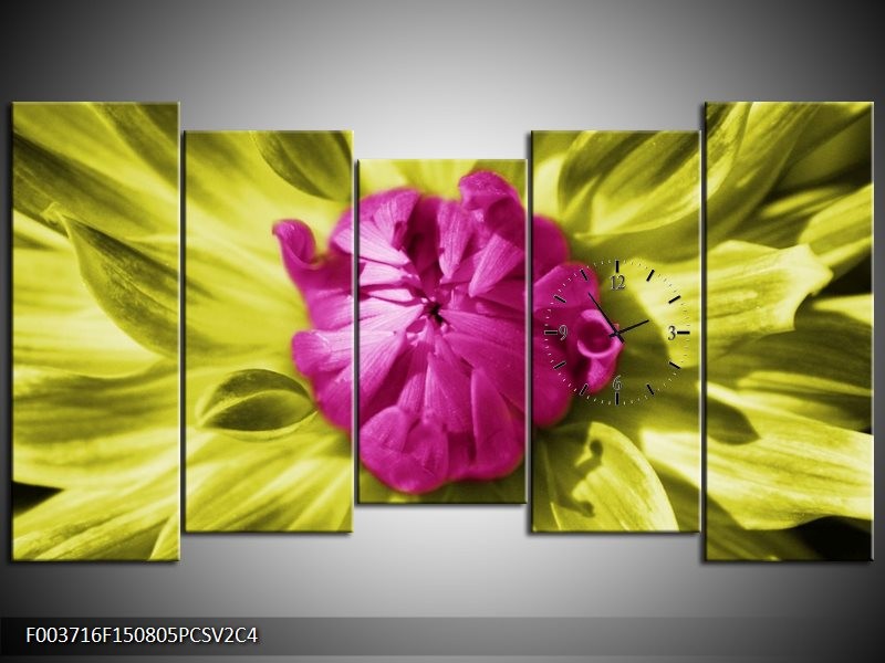 Klok schilderij Macro | Roze, Groen, Wit | 150x80cm 5Luik