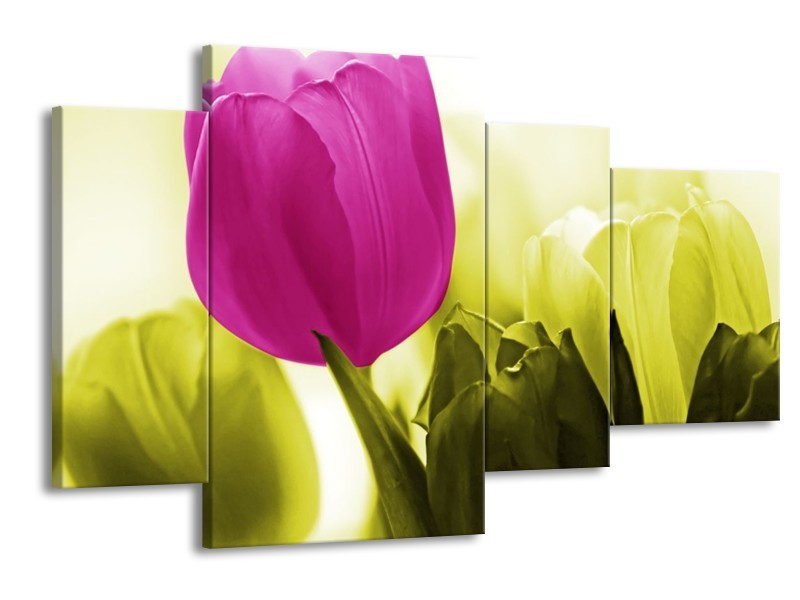 Canvas schilderij Tulp | Roze, Groen, Wit | 120x75cm 4Luik