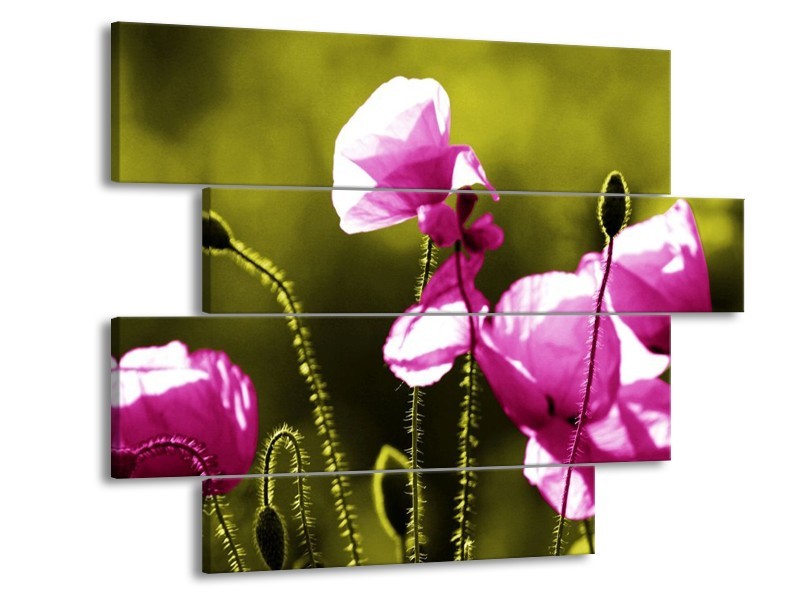 Canvas schilderij Klaproos | Roze, Groen, Wit | 115x85cm 4Luik