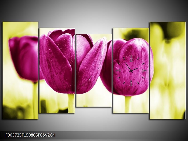 Klok schilderij Tulp | Roze, Groen, Wit | 150x80cm 5Luik