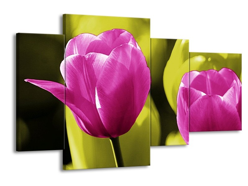 Canvas schilderij Tulp | Roze, Groen, Zwart | 120x75cm 4Luik