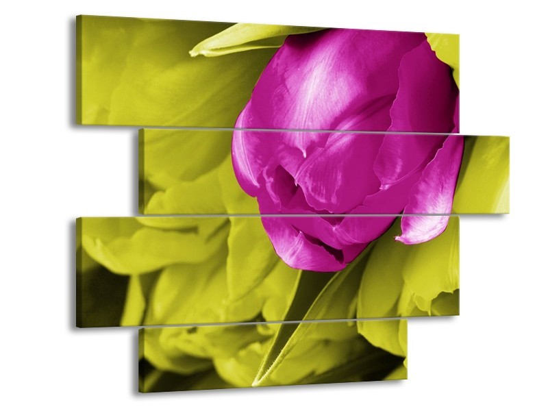 Canvas schilderij Tulp | Roze, Groen, Wit | 115x85cm 4Luik