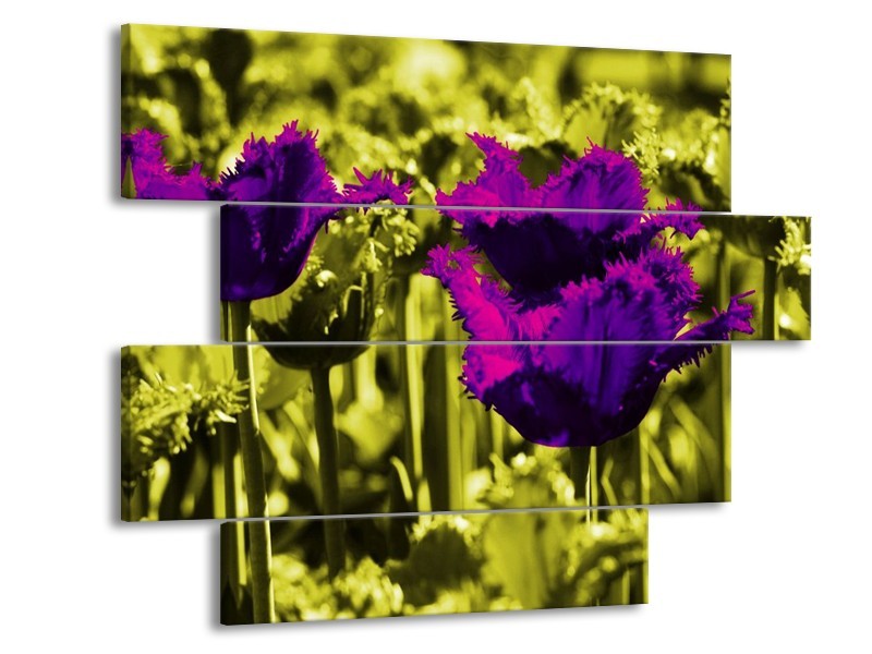 Canvas schilderij Tulp | Paars, Groen, Wit | 115x85cm 4Luik