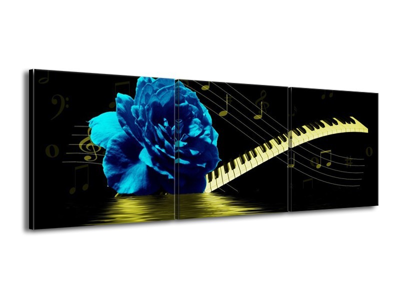 Canvas schilderij Roos | Blauw, Zwart, Groen | 150x50cm 3Luik