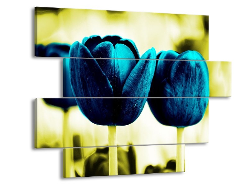 Canvas schilderij Tulp | Blauw, Zwart, Groen | 115x85cm 4Luik