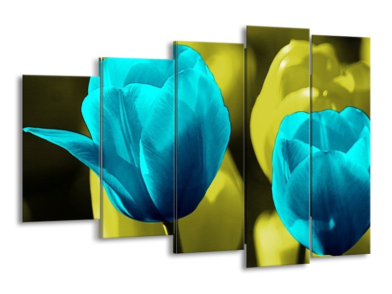 Canvas schilderij Tulp | Blauw, Zwart, Groen | 150x100cm 5Luik