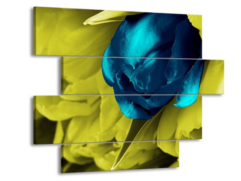 Canvas schilderij Tulp | Blauw, Zwart, Groen | 115x85cm 4Luik