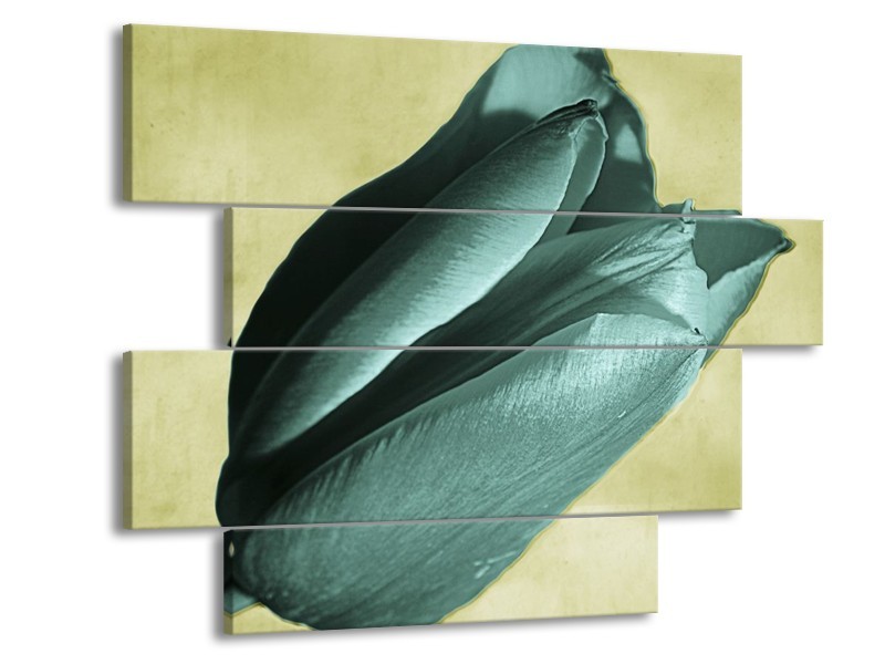Canvas schilderij Tulp | Blauw, Zwart, Groen | 115x85cm 4Luik