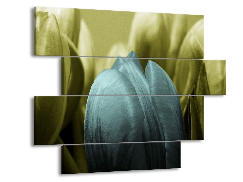 Canvas schilderij Tulp | Blauw, Zwart, Groen | 115x85cm 4Luik