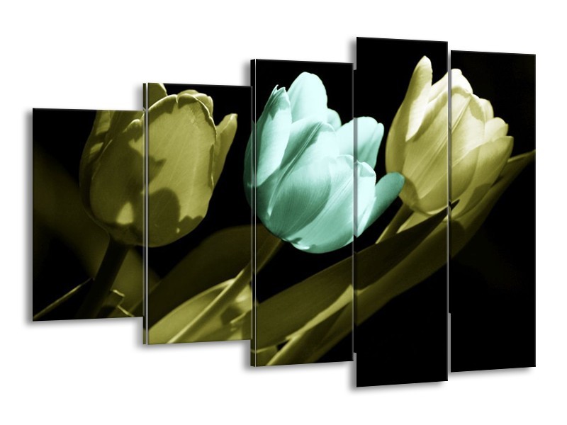Canvas schilderij Tulp | Blauw, Zwart, Groen | 150x100cm 5Luik