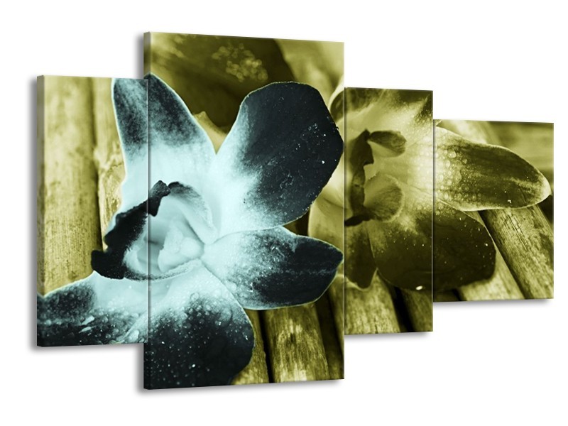 Canvas schilderij Bloem | Blauw, Zwart, Groen | 120x75cm 4Luik