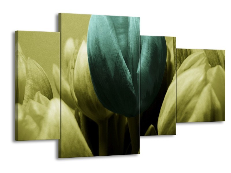 Canvas schilderij Tulp | Blauw, Zwart, Groen | 120x75cm 4Luik