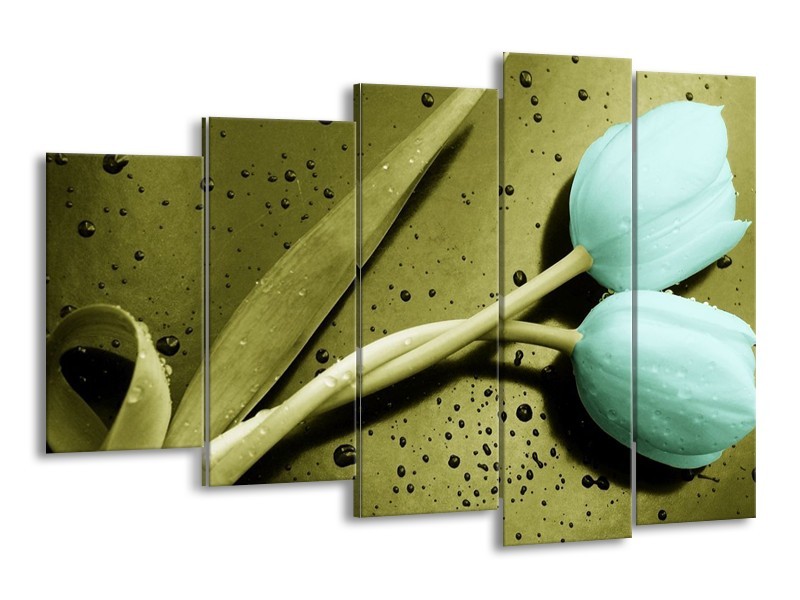 Canvas schilderij Tulp | Blauw, Zwart, Groen | 150x100cm 5Luik