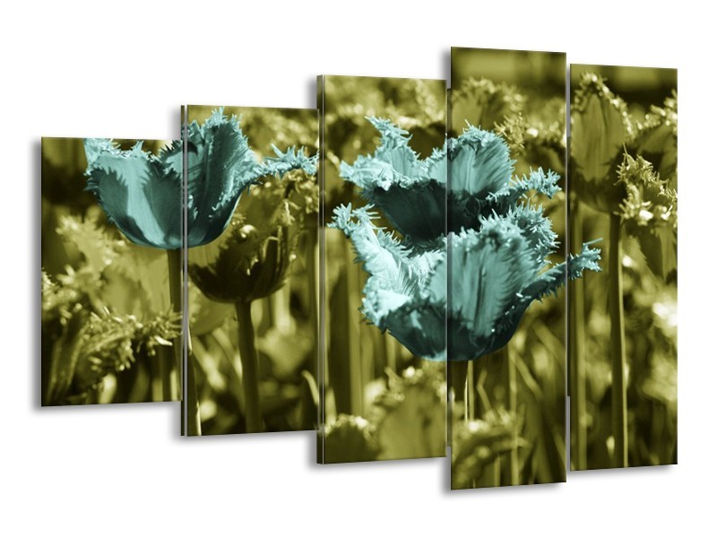 Canvas schilderij Tulp | Blauw, Zwart, Groen | 150x100cm 5Luik