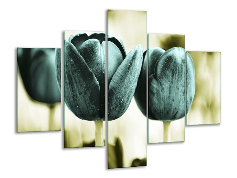 Canvas schilderij Tulp | Blauw, Zwart, Groen | 100x70cm 5Luik