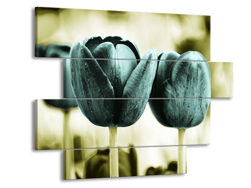 Canvas schilderij Tulp | Blauw, Zwart, Groen | 115x85cm 4Luik