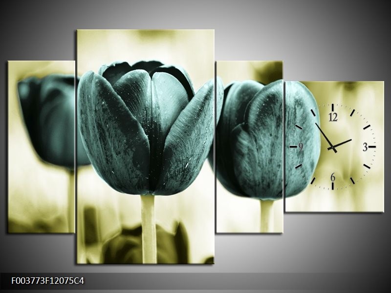 Klok schilderij Tulp | Blauw, Zwart, Groen | 120x75cm 4Luik