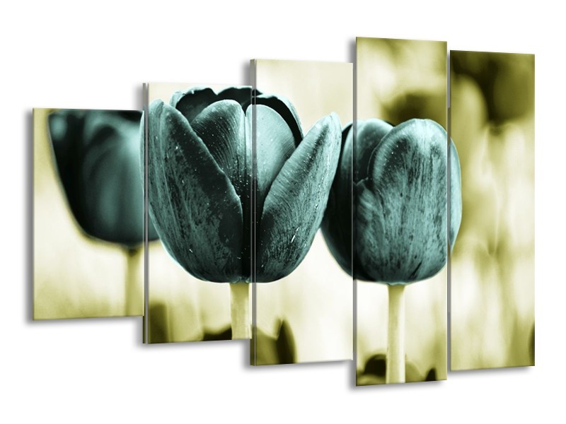 Canvas schilderij Tulp | Blauw, Zwart, Groen | 150x100cm 5Luik