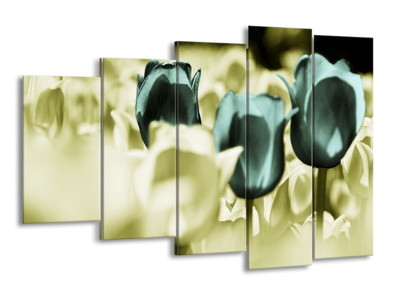 Canvas schilderij Tulp | Blauw, Zwart, Groen | 150x100cm 5Luik