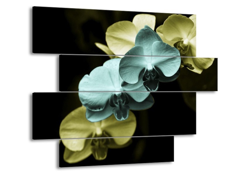 Canvas schilderij Orchidee | Blauw, Zwart, Groen | 115x85cm 4Luik