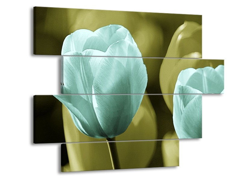 Canvas schilderij Tulp | Blauw, Zwart, Groen | 115x85cm 4Luik