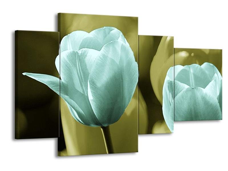 Canvas schilderij Tulp | Blauw, Zwart, Groen | 120x75cm 4Luik