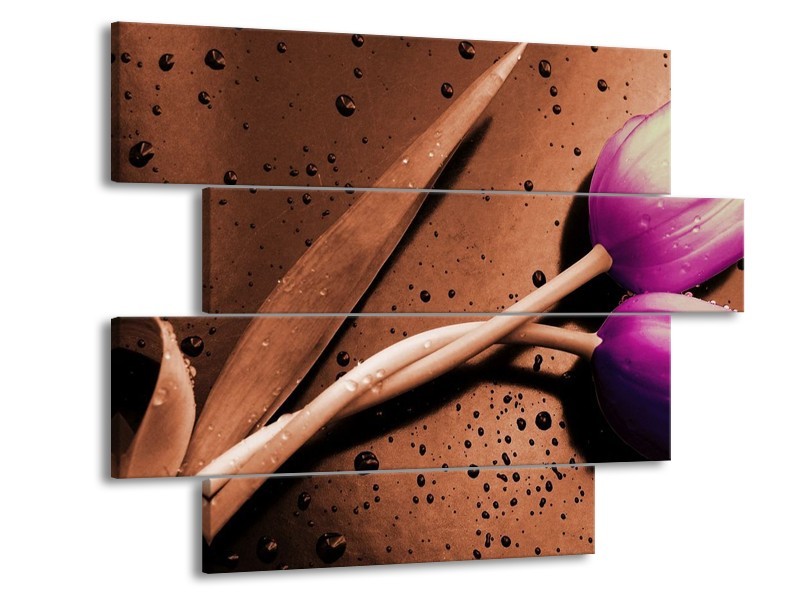 Canvas schilderij Tulp | Paars, Bruin, Wit | 115x85cm 4Luik