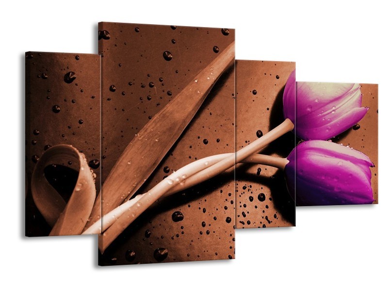 Canvas schilderij Tulp | Paars, Bruin, Wit | 120x75cm 4Luik