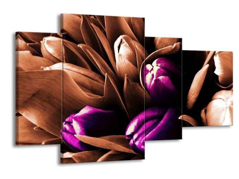 Canvas schilderij Tulp | Paars, Bruin, Wit | 120x75cm 4Luik