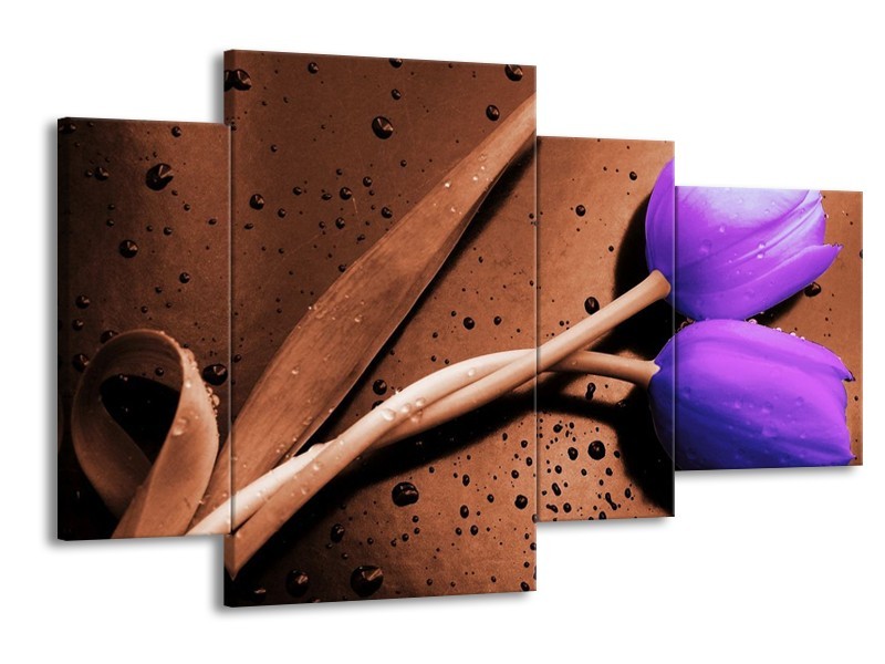 Canvas schilderij Tulp | Paars, Bruin, Wit | 120x75cm 4Luik