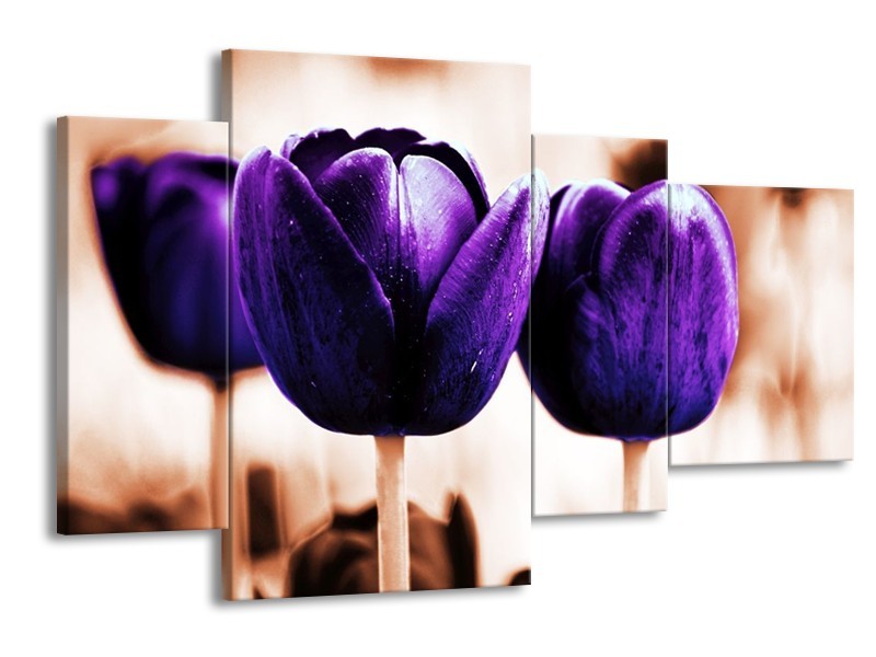 Canvas schilderij Tulp | Paars, Bruin, Wit | 120x75cm 4Luik