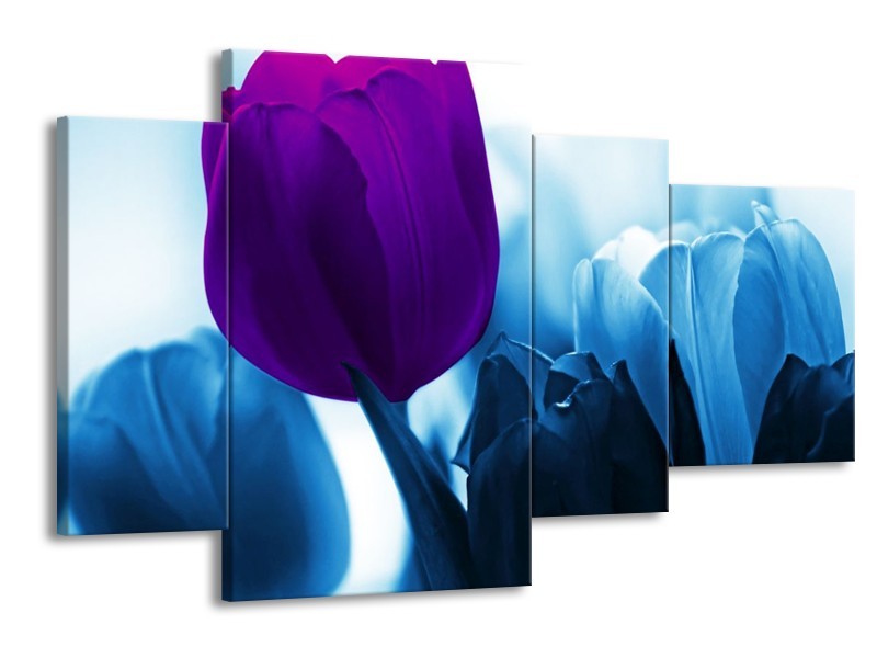 Canvas schilderij Tulp | Paars, Blauw, Wit | 120x75cm 4Luik