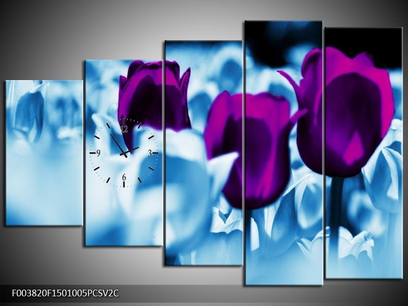 Klok schilderij Tulp | Paars, Blauw, Wit | 150x100cm 5Luik