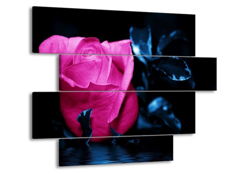 Canvas schilderij Roos | Roze, Blauw, Zwart | 115x85cm 4Luik