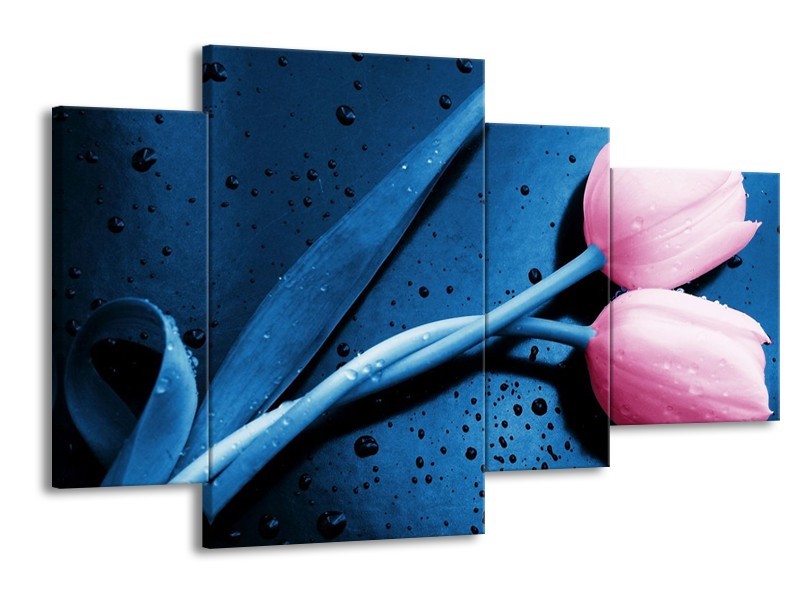 Canvas schilderij Tulp | Roze, Blauw | 120x75cm 4Luik