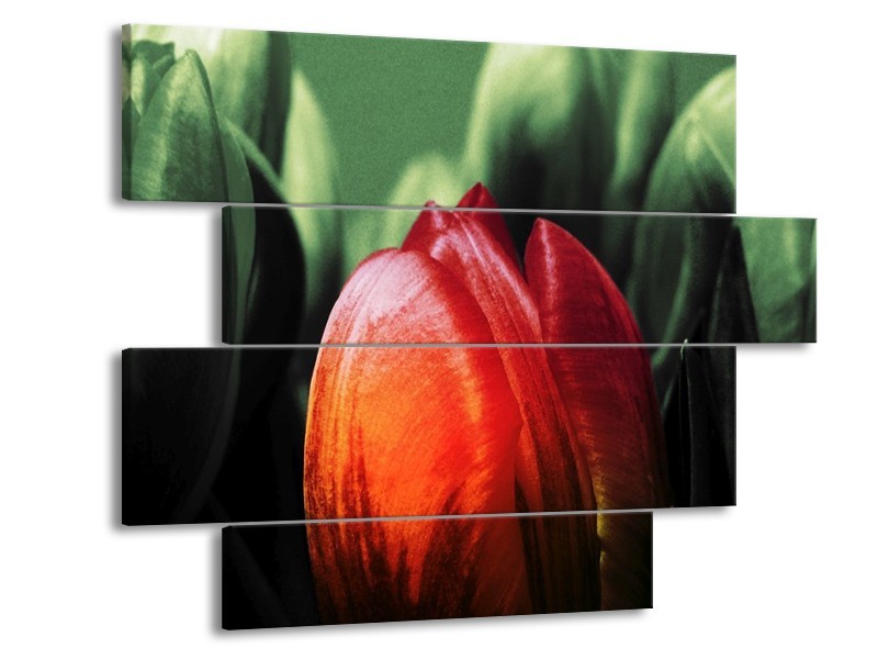 Canvas schilderij Tulp | Rood, Groen, Zwart | 115x85cm 4Luik