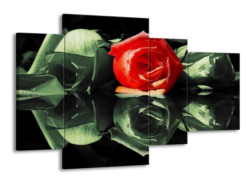 Canvas schilderij Roos | Rood, Groen, Zwart | 120x75cm 4Luik