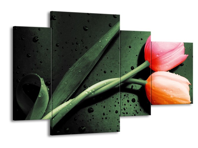 Canvas schilderij Tulp | Groen, Rood, Zwart | 120x75cm 4Luik