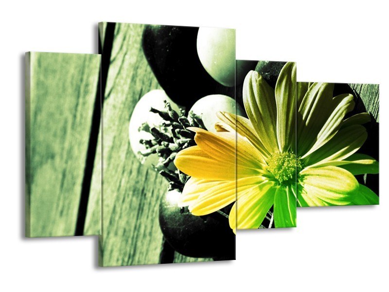 Canvas schilderij Bloem | Geel, Groen, Zwart | 120x75cm 4Luik