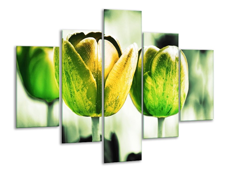 Canvas schilderij Tulp | Geel, Groen, Wit | 100x70cm 5Luik