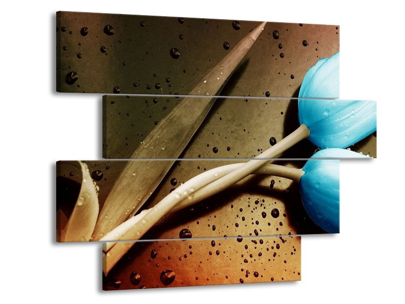 Canvas schilderij Tulp | Blauw, Wit, Bruin | 115x85cm 4Luik