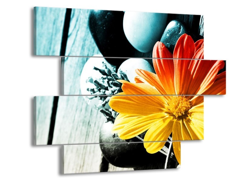 Canvas schilderij Bloem | Geel, Oranje, Blauw | 115x85cm 4Luik