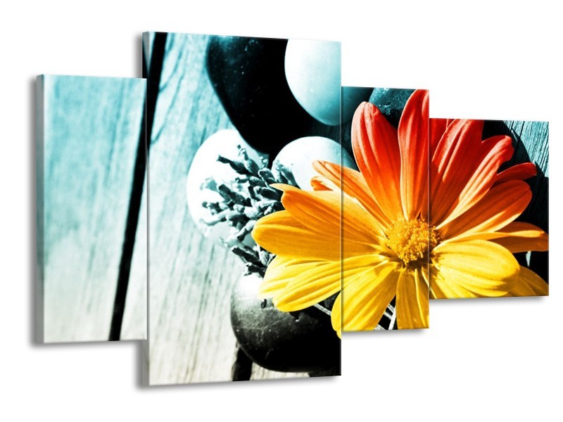 Canvas schilderij Bloem | Geel, Oranje, Blauw | 120x75cm 4Luik
