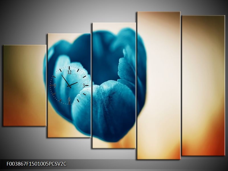 Klok schilderij Tulp | Blauw, Oranje, Bruin | 150x100cm 5Luik