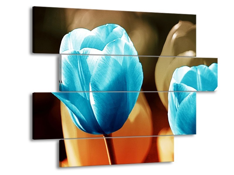 Canvas schilderij Tulp | Blauw, Oranje, Bruin | 115x85cm 4Luik
