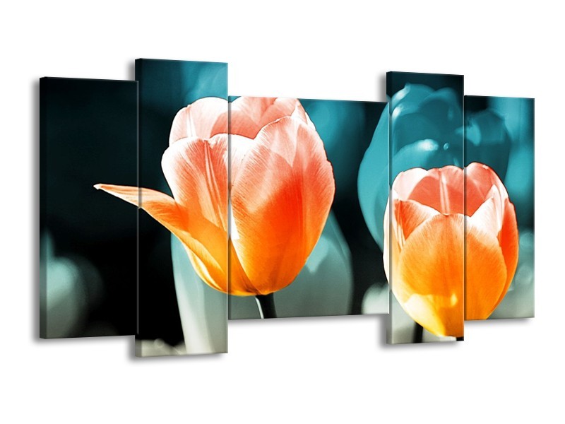 Canvas schilderij Tulp | Blauw, Oranje | 120x65 5Luik