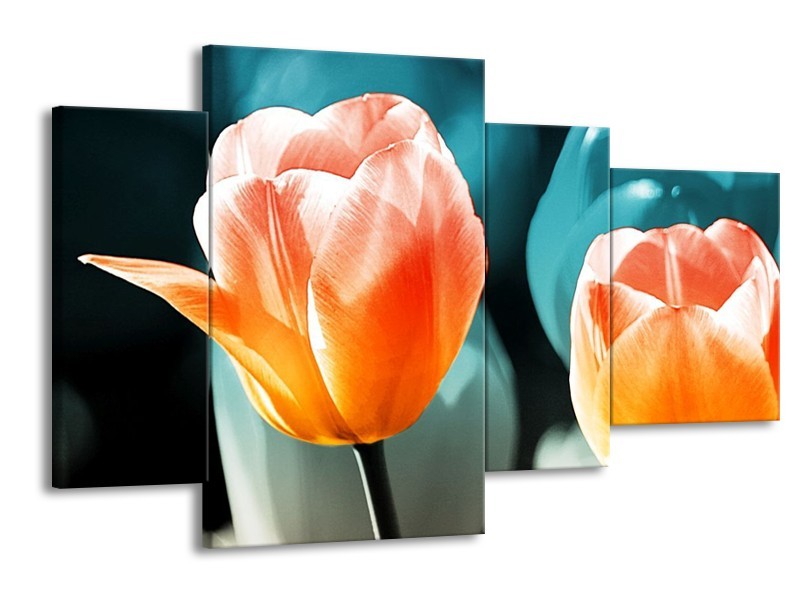 Canvas schilderij Tulp | Blauw, Oranje | 120x75cm 4Luik